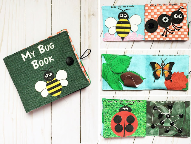 My Bug Busy Book, Quiet Book, Fabric Book, No Screen Activity For On The Go with to Teach Fine Motor Skills, Bee, Spider, Ant, Lady Bug, Butterfly, Fat Quarter Cut and Sew Fabric Craft