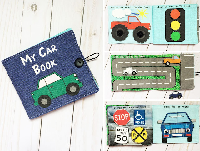 My Car Busy Book, Quiet Book, Fabric Book, No Screen Activity For On The Go to Teach Fine Motor Skills, Cars, Truck, Monster Truck, Road, Fat Quarter Cut and Sew Fabric Craft
