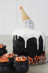 Halloween Birthday Cake, Dripping Cone with Skull and Party Hat