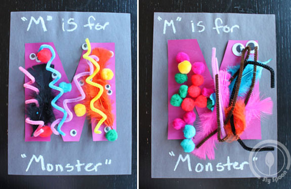 Toddler/Preshooler letter of the week craft M is for Monster with related craft, tracing sheets and fruits/vegetables. 