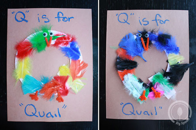 Toddler/Preshooler letter of the week craft Q is for Quail with related craft, tracing sheets and fruits/vegetables. 