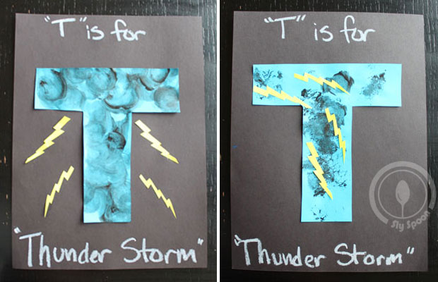 Toddler/Preshooler letter of the week craft T is for Thunder Storm with related craft, tracing sheets and fruits/vegetables. 