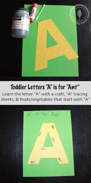 Letter A Craft -Toddler/Preschooler letter craft A is for Ant with related craft, tracing sheets and fruits/vegetables. 