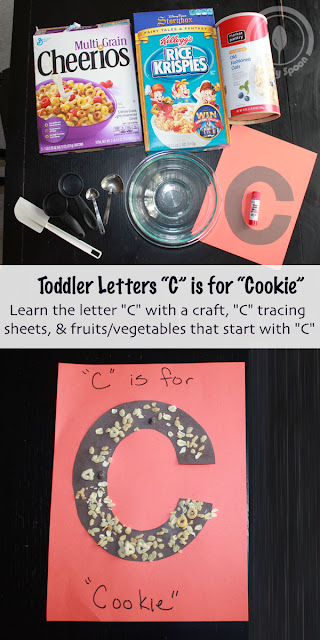 Letter C Craft - Toddler/Preshooler letter craft C is for Cereal or cookie with related craft, tracing sheets and fruits/vegetables. 