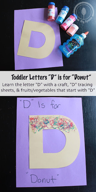 Letter D Craft - Toddler/Preshooler letter craft D is for Donut with related craft, tracing sheets and fruits/vegetables. 
