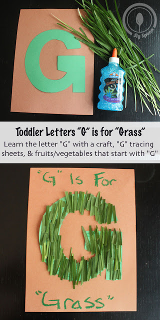 Letter G Craft - Toddler/Preshooler letter of the week craft G is for Grass with related craft, tracing sheets and fruits/vegetables. 