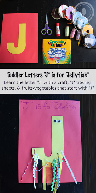 Letter J Craft - Toddler/Preshooler letter of the week craft J is for Jellyfish with related craft, tracing sheets and fruits/vegetables. 