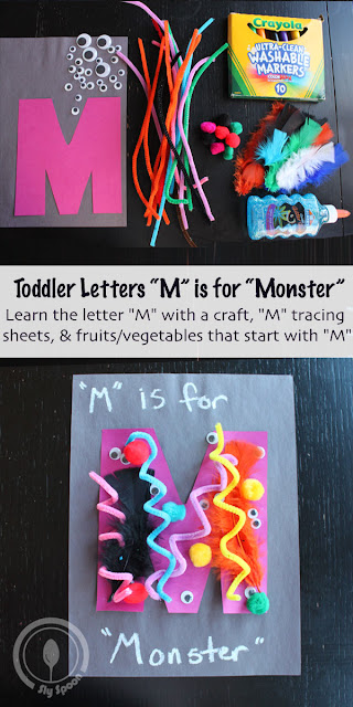 Letter M Craft - Toddler/Preshooler letter of the week craft M is for Monster with related craft, tracing sheets and fruits/vegetables. 