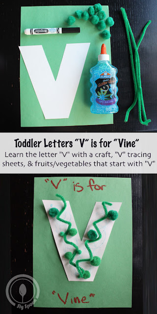 Letter V Craft - Toddler/Preshooler letter of the week craft V is for Vine with related craft, tracing sheets and fruits/vegetables. 
