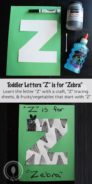 Letter Z Craft - Toddler/Preshooler letter of the week craft Z is for Zebra with related craft, tracing sheets and fruits/vegetables. 
