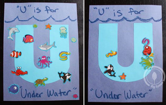 Toddler/Preshooler letter of the week craft U is for Underwater with related craft, tracing sheets and fruits/vegetables. 