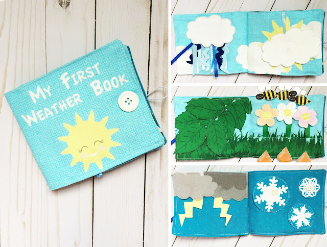 My First Weather Book Busy Book, Quiet Book, Fabric Book, No Screen Activity For On The Go to Teach Fine Motor Skills, Lift Flaps, Tactile Development, Sun, Rain, Bees, Fat Quarter Cut and Sew Fabric Craft