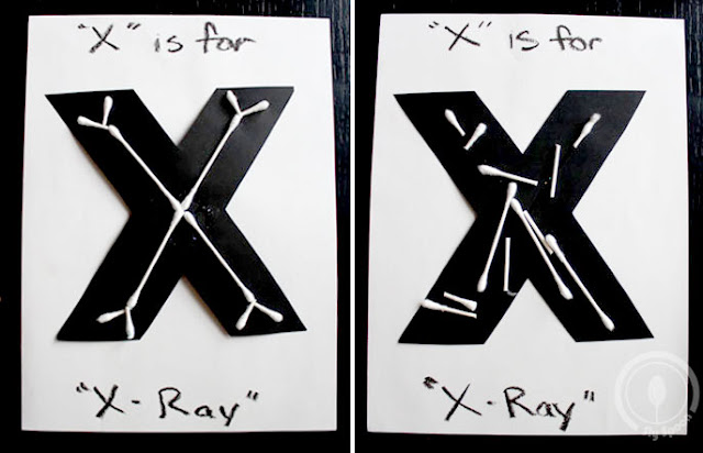 Toddler/Preshooler letter of the week craft X is for X-Ray with related craft, tracing sheets and fruits/vegetables. 
