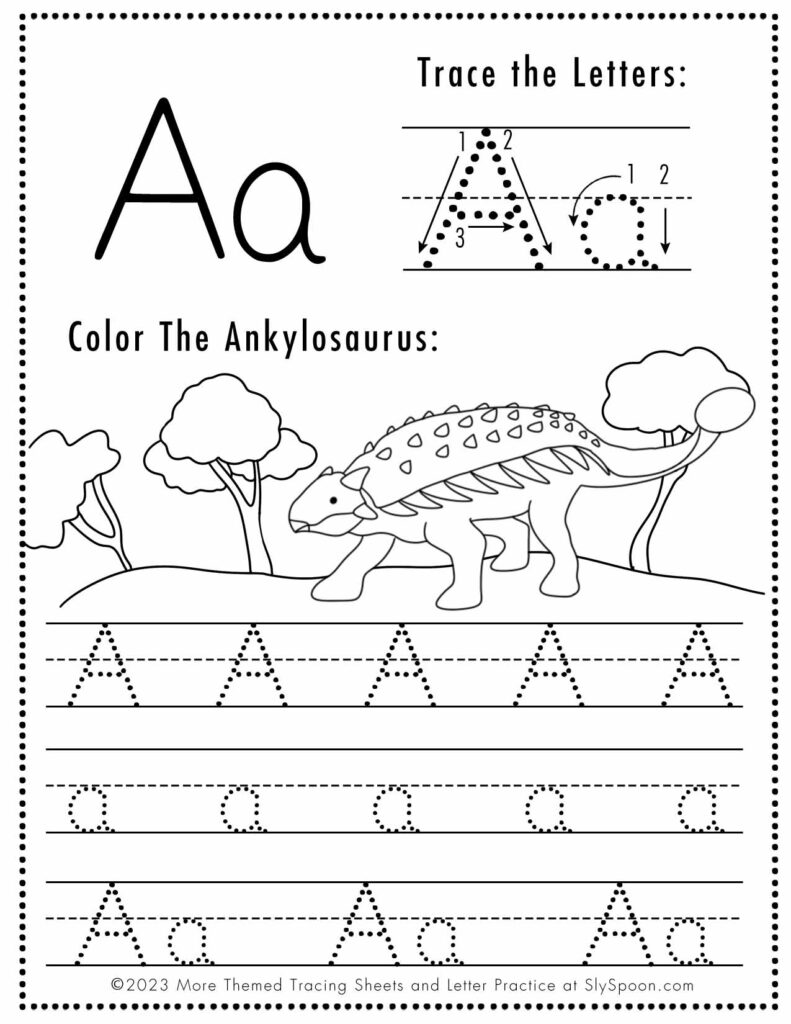 Free Letter A Tracing Worksheet with Dinosaurs Allosaurus Art