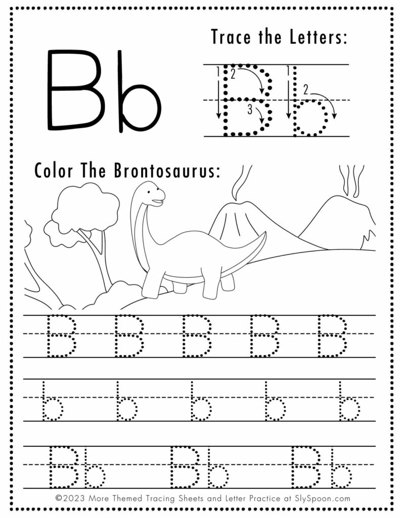 Free Letter B Tracing Worksheet with a Brontosaurus Dinosaurs