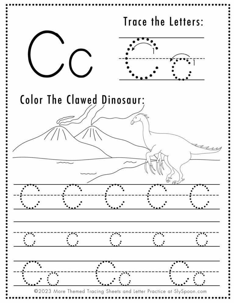 Free Letter C Tracing Worksheet Printable - Dinosaur Themed - Sly Spoon