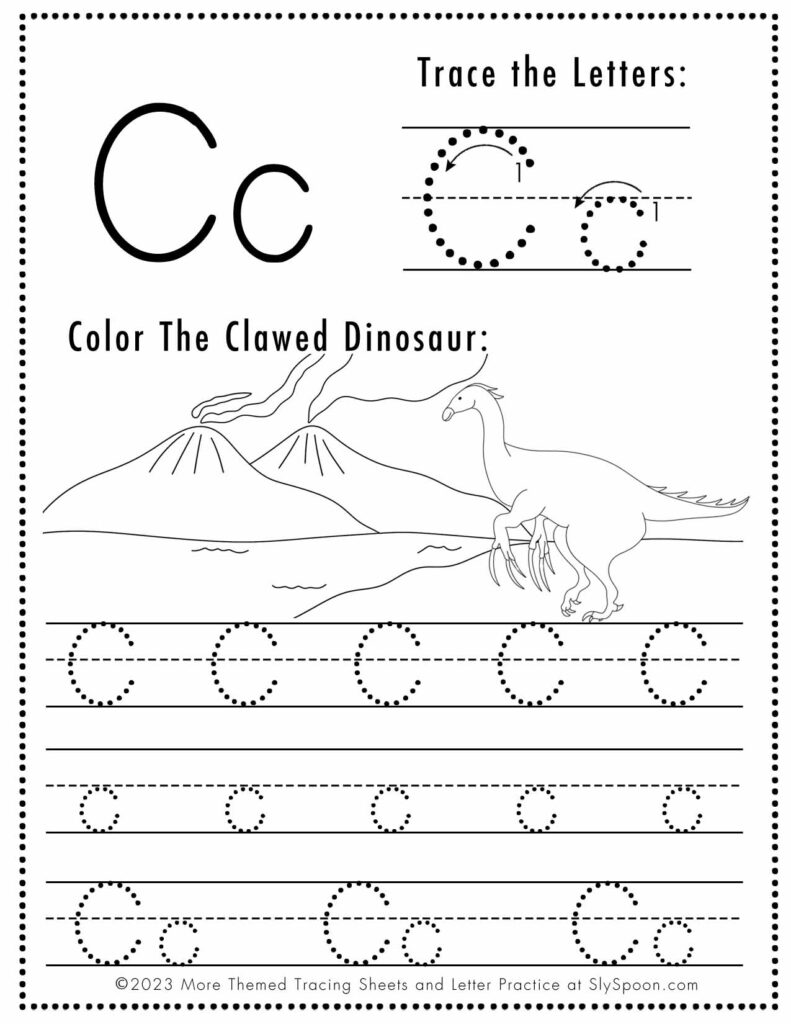 Free Letter C Tracing Worksheet Printable - Dinosaur Themed - Sly Spoon