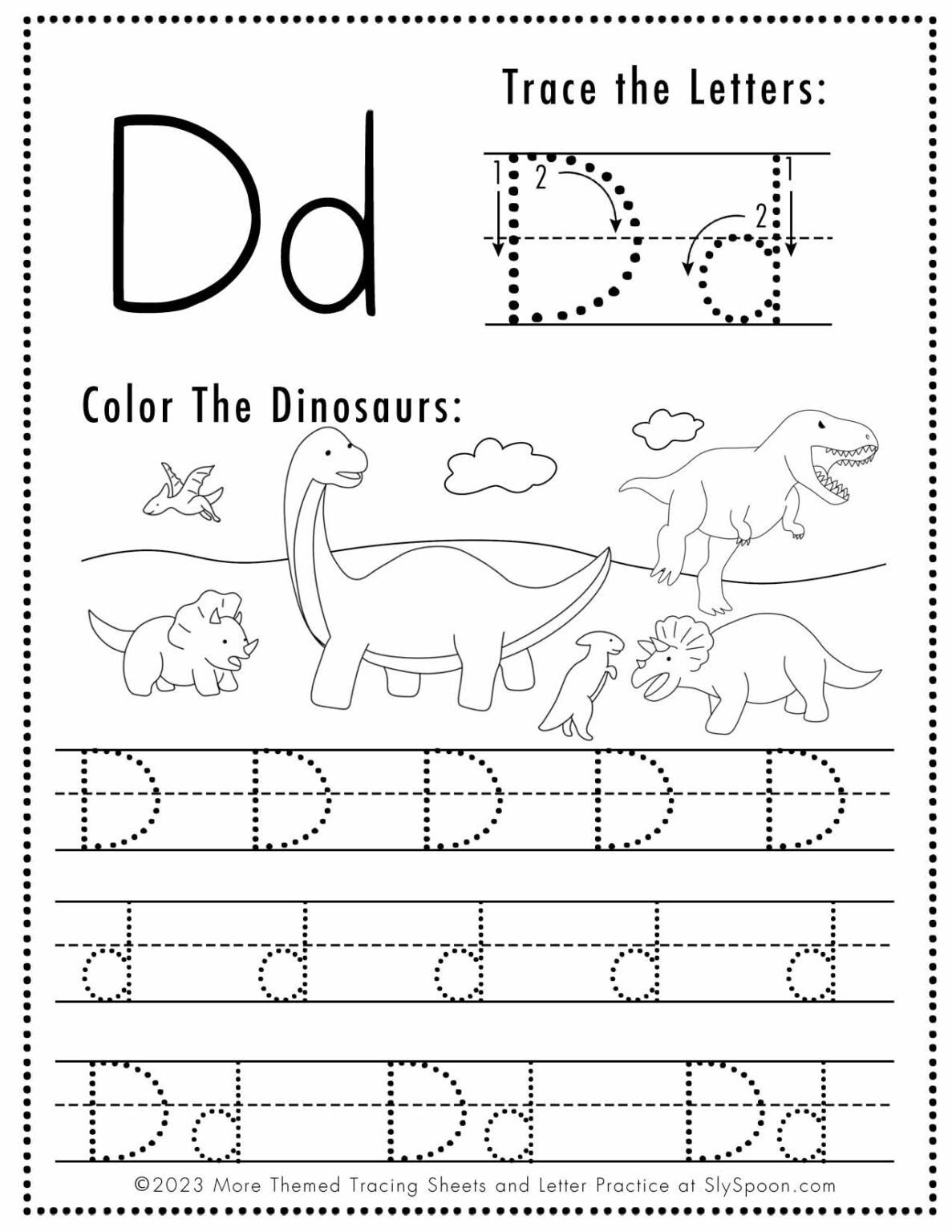 Free Letter D Tracing Worksheet (Printable) Dinosaur Themed - Sly Spoon
