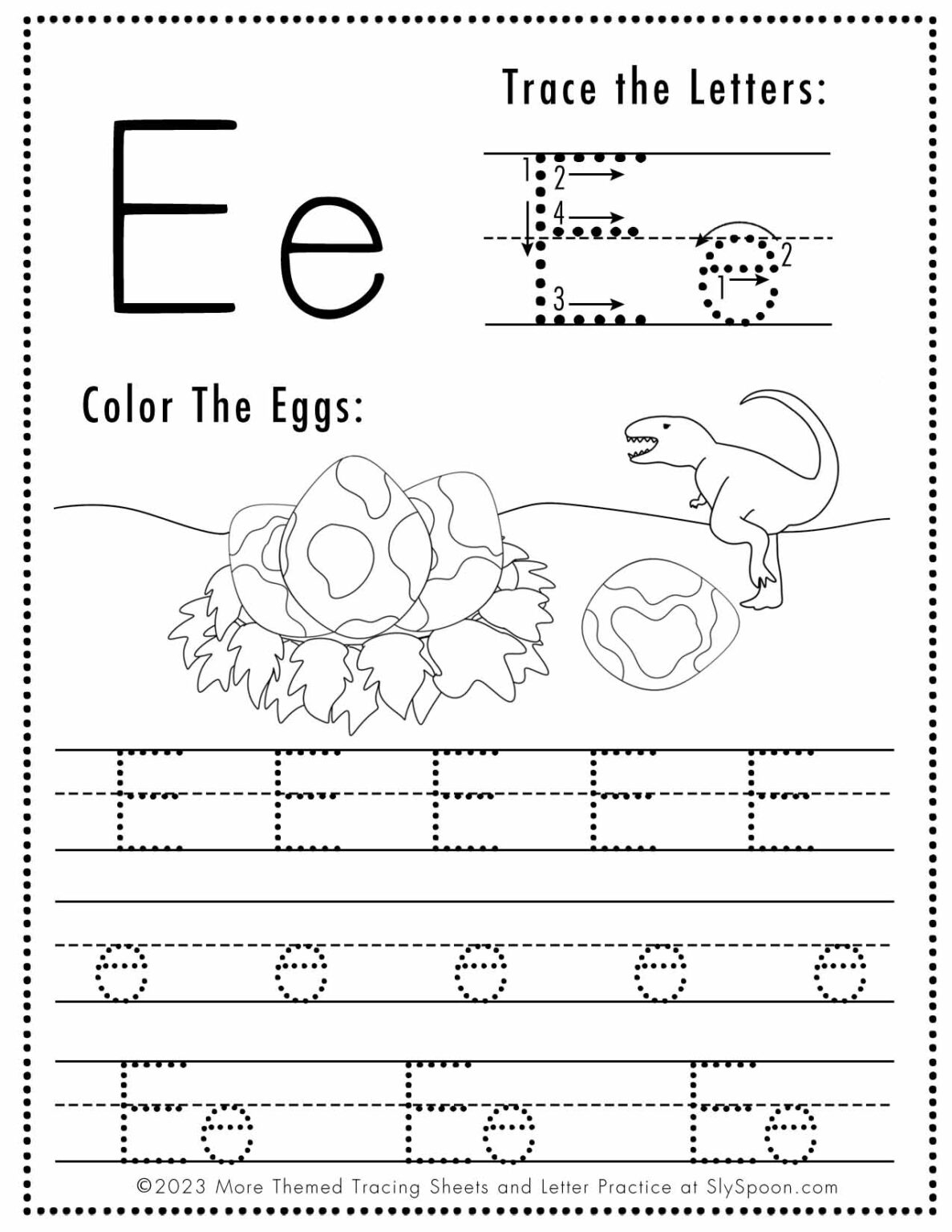 Free Letter E Tracing Worksheet (Printable) Dinosaur Themed - Sly Spoon