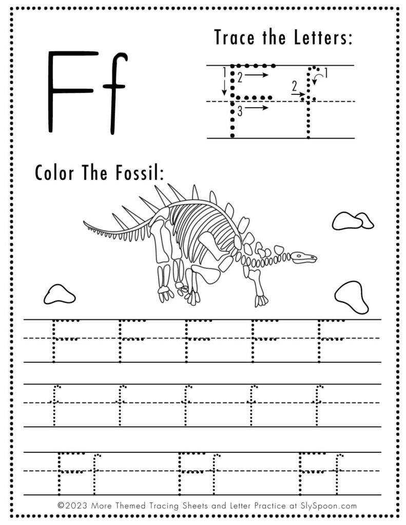Free Dinosaur Themed Letter F Tracing Worksheet