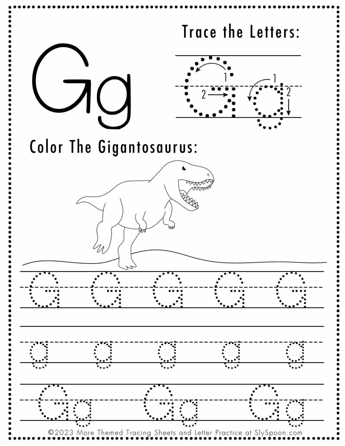 Free Letter G Tracing Worksheet (Printable) Dinosaur Themed - Sly Spoon