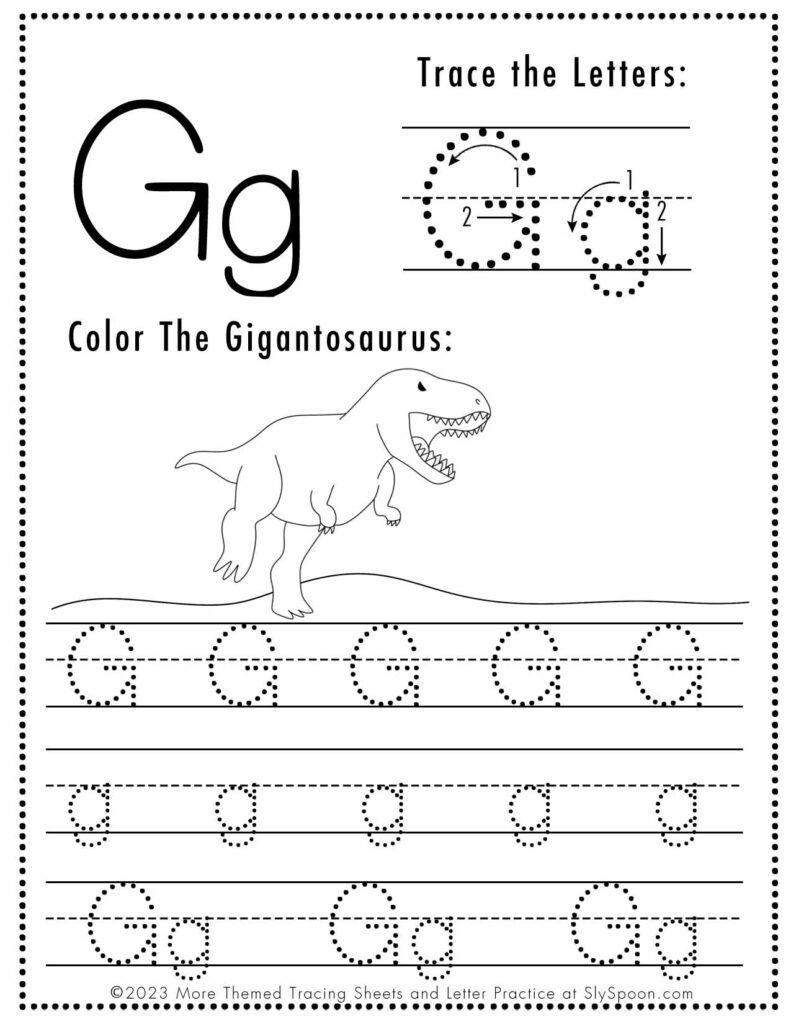 Free Dinosaur Themed Letter G Tracing Worksheet