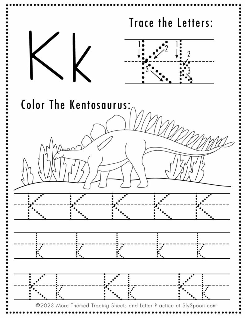 Free Dinosaur Themed Letter K Tracing Worksheet