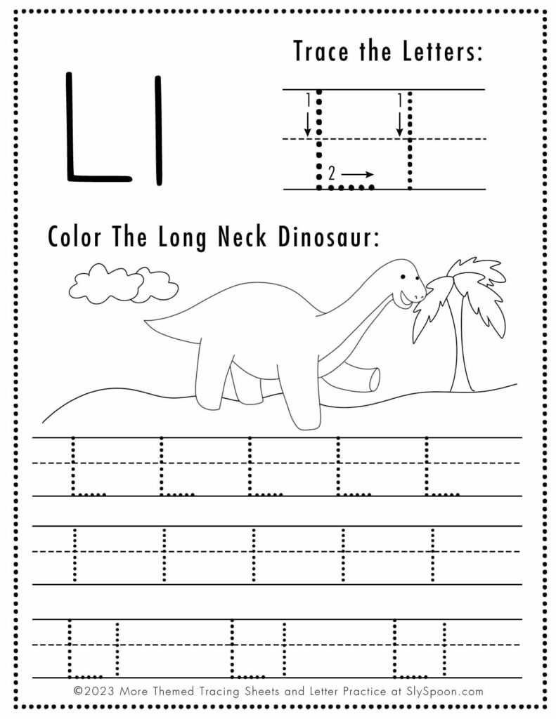 Free Dinosaur Themed Letter L Tracing Worksheet