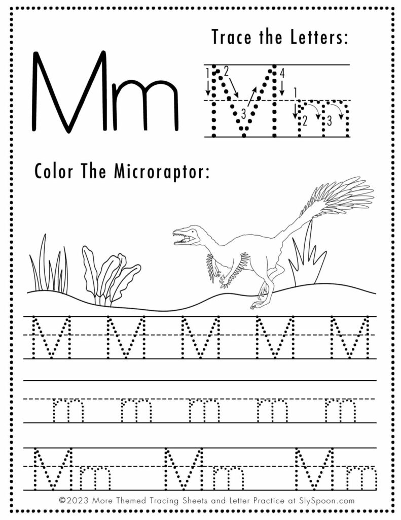 Free Dinosaur Themed Letter M Tracing Worksheet