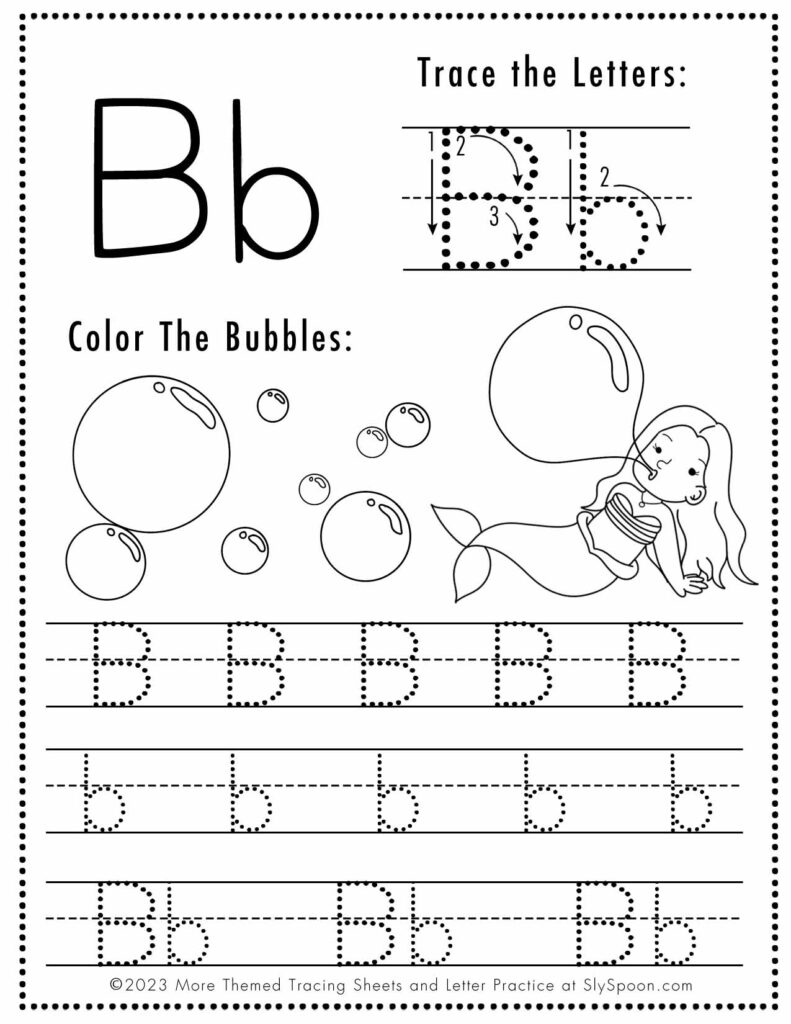Free Letter B Tracing Worksheet with Mermaid and Bubble art