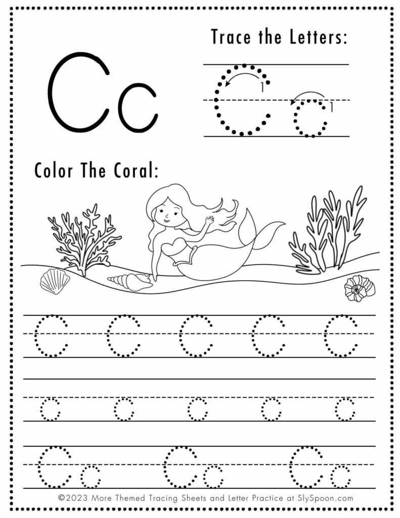 Free Letter C Tracing Worksheet with Mermaid and Coral art