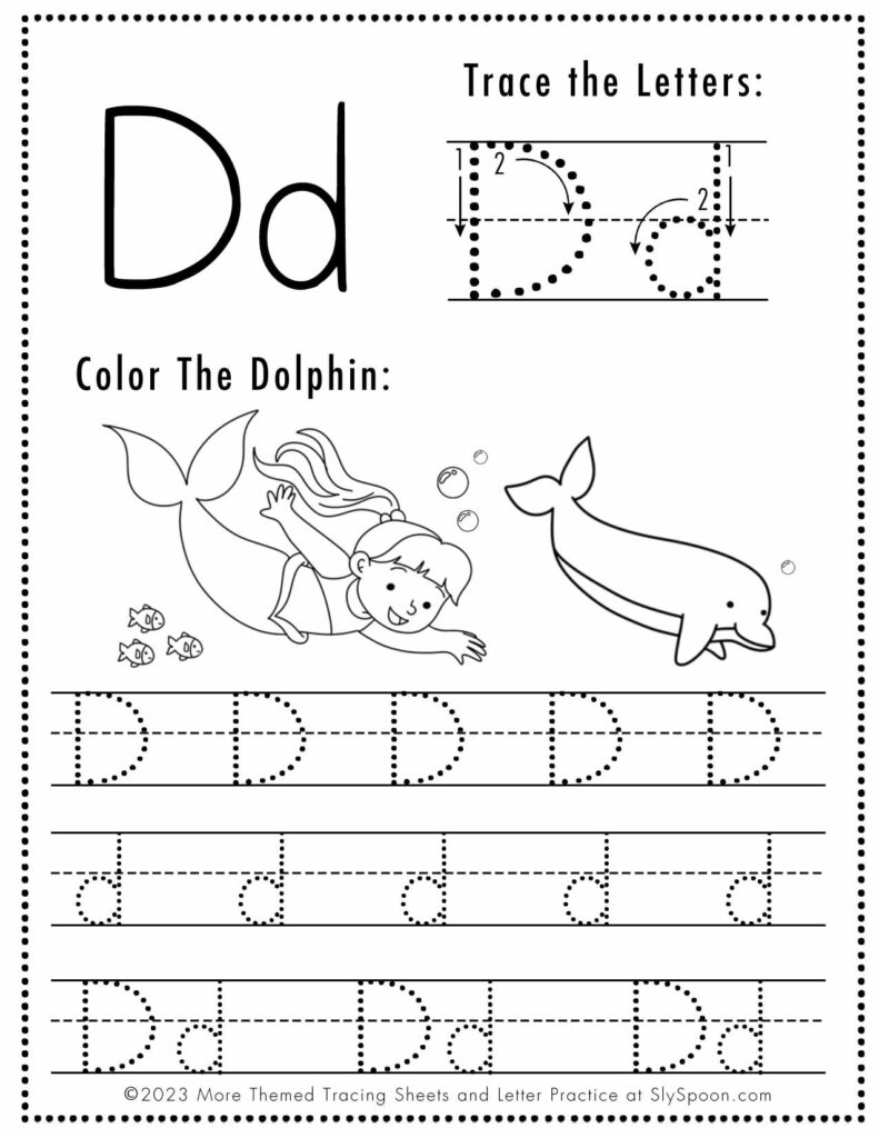 Free Letter D Tracing Worksheet with Mermaid and Dolphin art