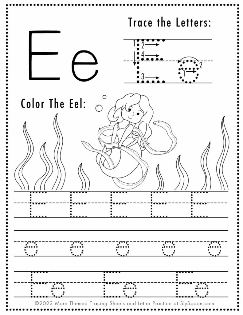 Free Letter E Tracing Worksheet with Mermaid and Eel art
