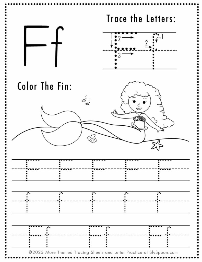 Free Letter F Tracing Worksheet with Mermaid Fin art