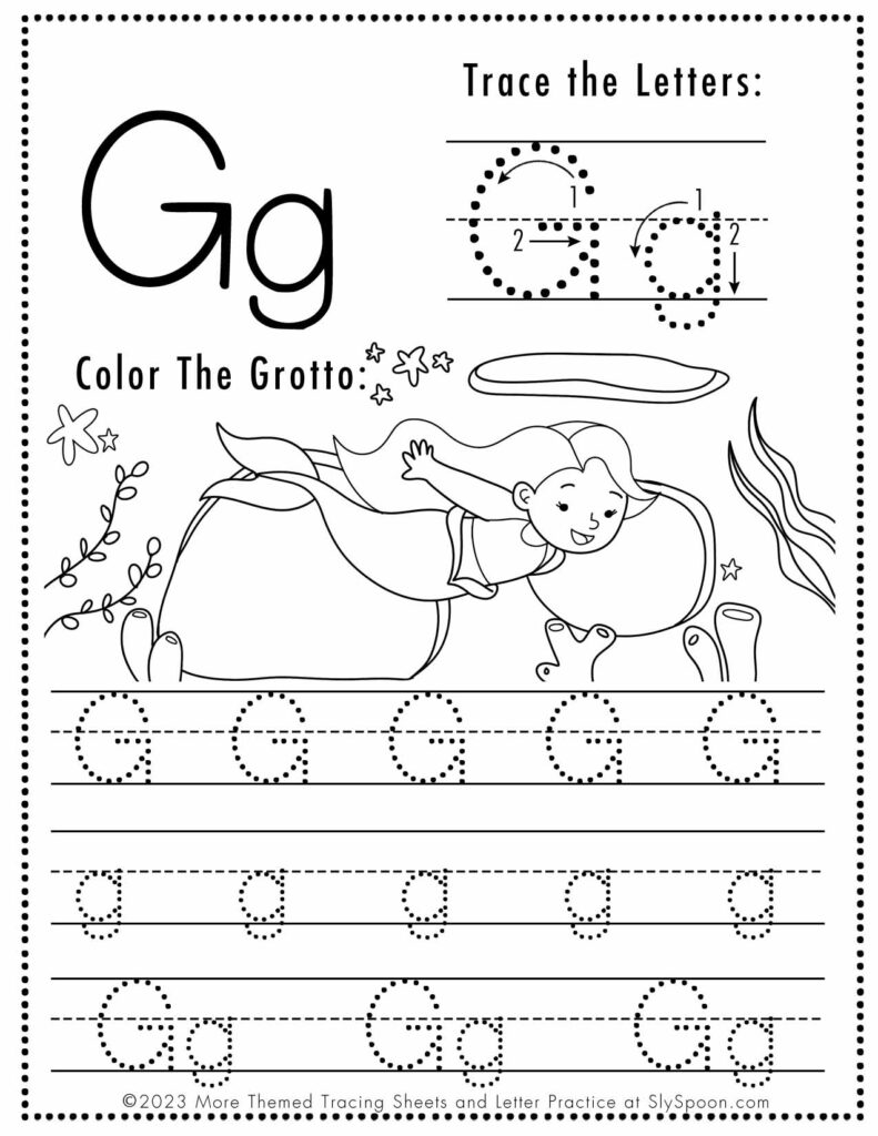 Free Letter G Tracing Worksheet with Mermaid and Grotto art