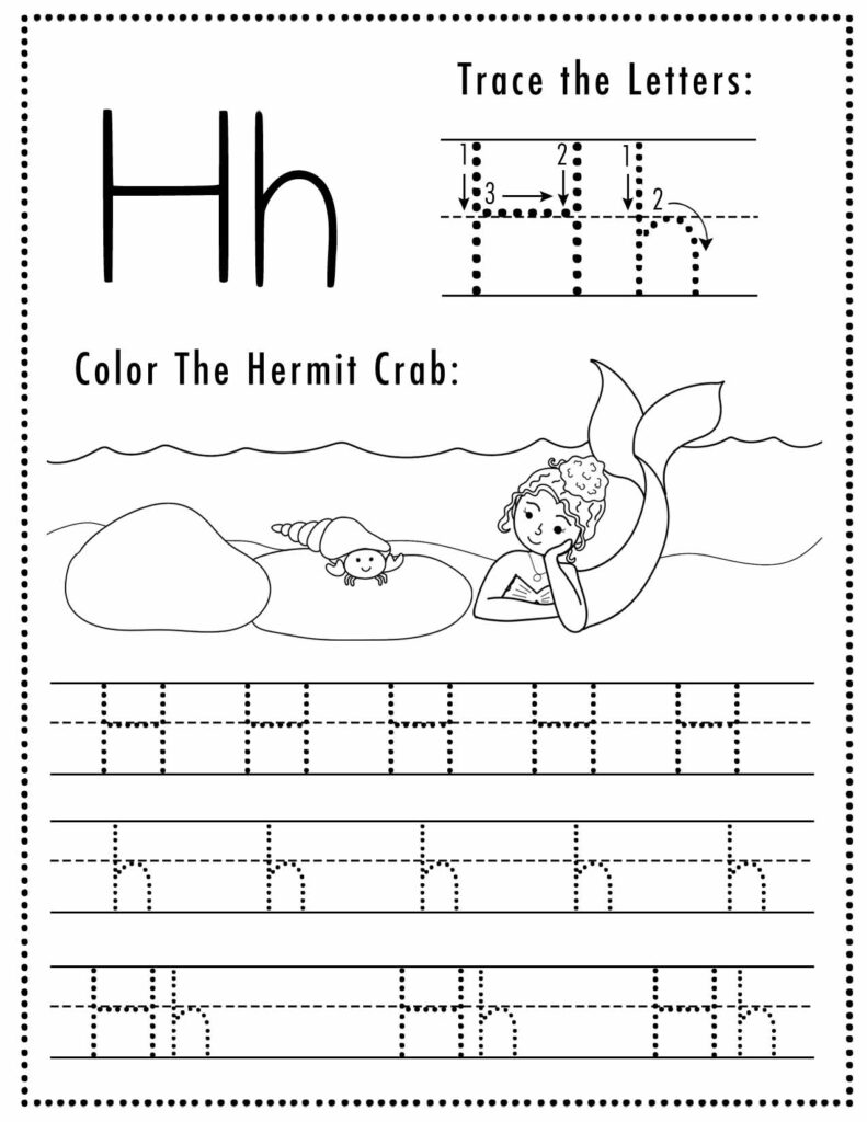 Free Letter H Tracing Worksheet with Mermaid and Hermit Crab art
