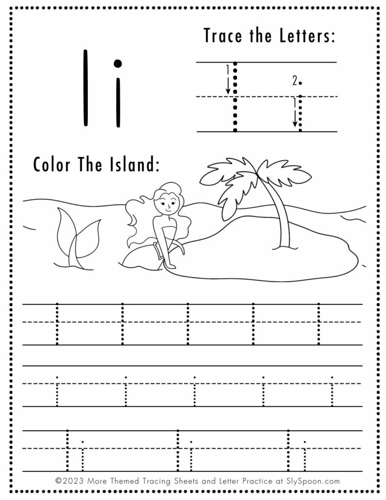 Free Letter I Tracing Worksheet with Mermaid and Island art