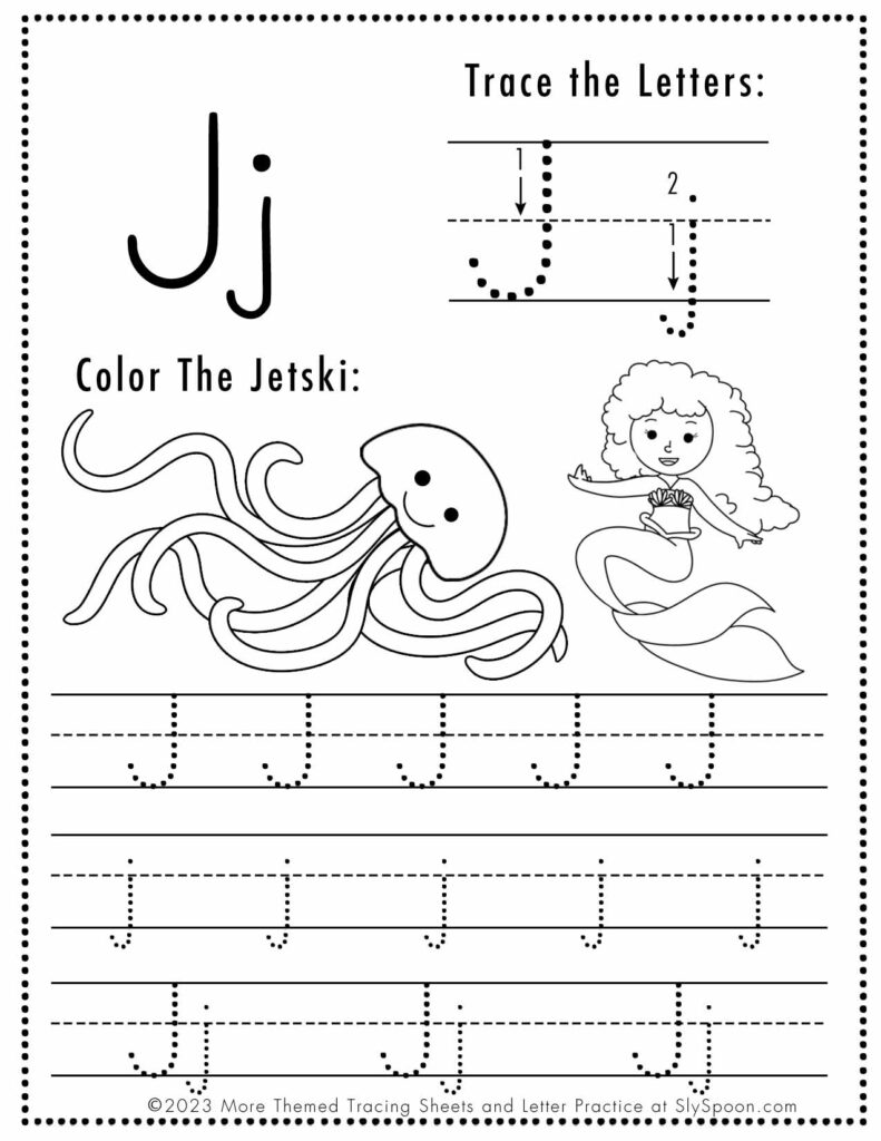 Free Letter J Tracing Worksheet with Mermaid and Jellyfish art