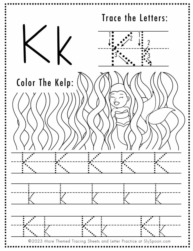 Free Letter K Tracing Worksheet with Mermaid and Kelp art