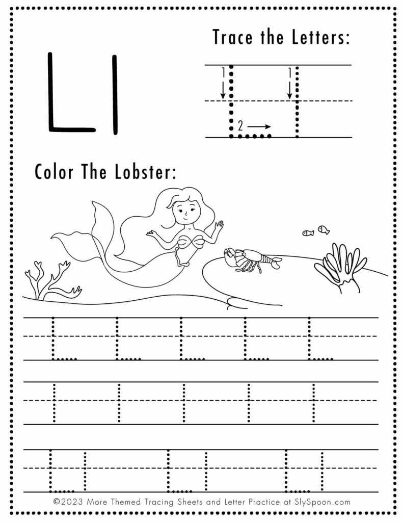 Free Letter L Tracing Worksheet with Mermaid and Lobster art