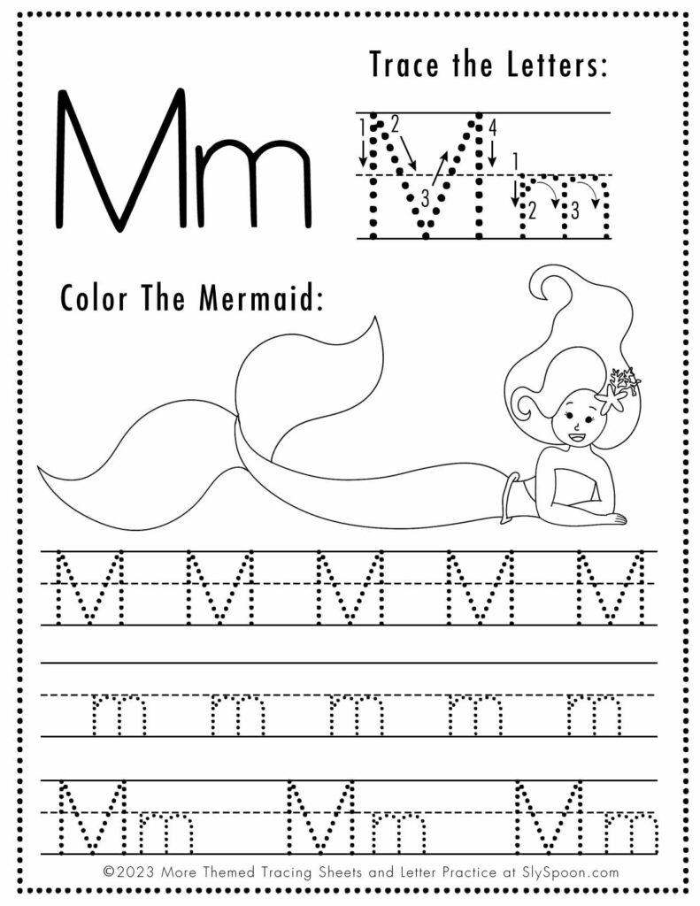 Free Letter M Tracing Worksheet with Mermaid art