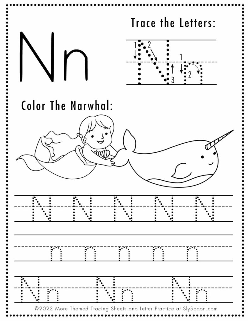 Free Letter N Tracing Worksheet with Mermaid and Narwhal art