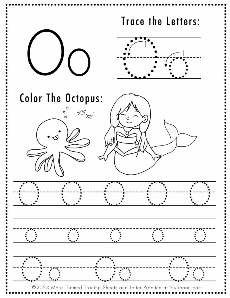 Free Letter O Tracing Worksheet with Mermaid and Octopus art