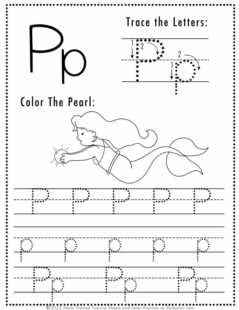 Free Letter P Tracing Worksheet with Mermaid and Pearl art