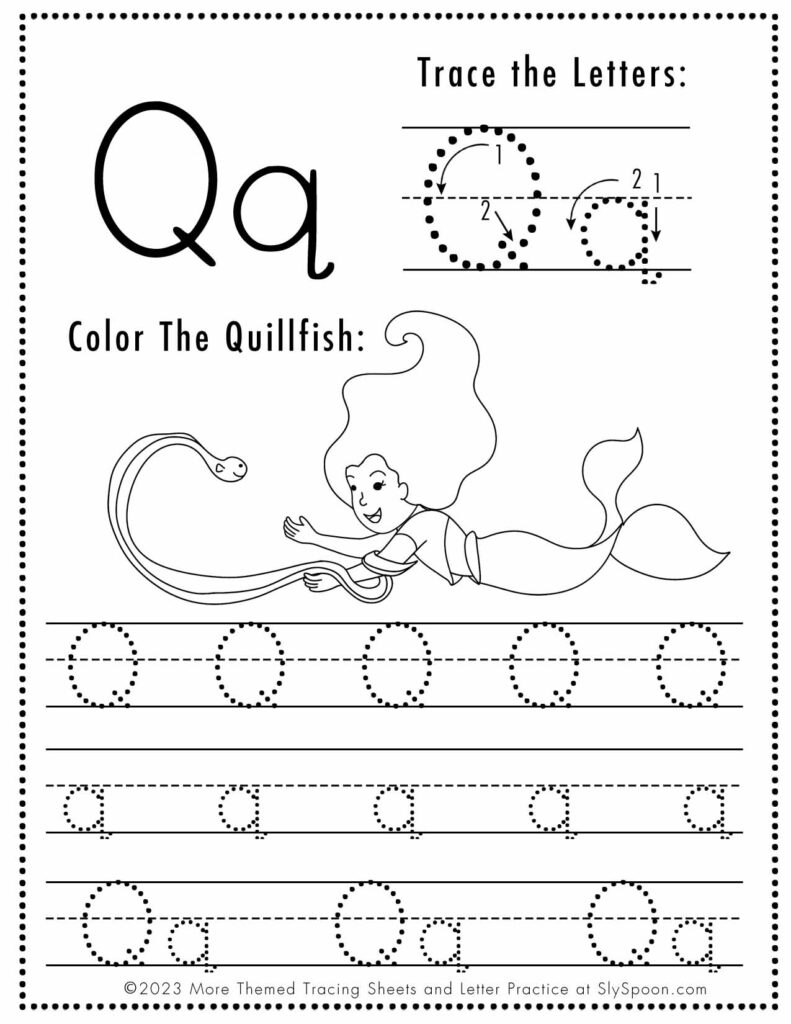 Free Letter Q Tracing Worksheet with Mermaid and Quillfish art