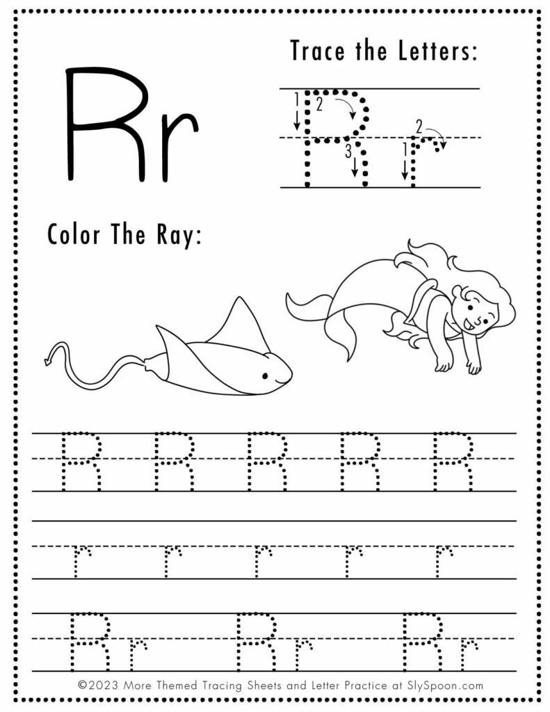 Free Letter R Tracing Worksheet with Mermaid and Ray art