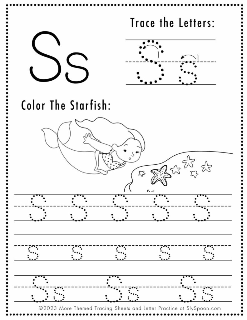 Free Letter S Tracing Worksheet with Mermaid and Starfish art