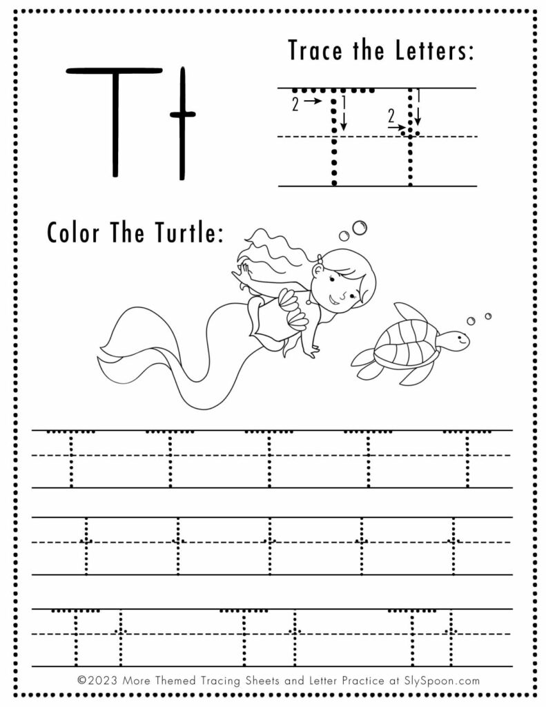 Free Letter T Tracing Worksheet with Mermaid and Turtle art