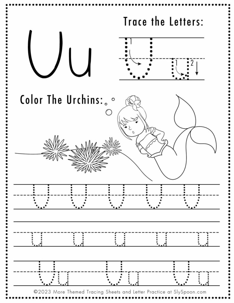 Free Letter U Tracing Worksheet with Mermaid and Urchin art