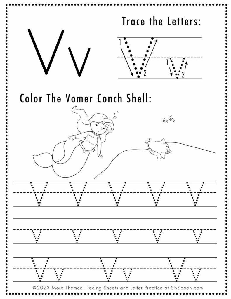 Free Letter V Tracing Worksheet with Mermaid and Vomer Conch Shell art
